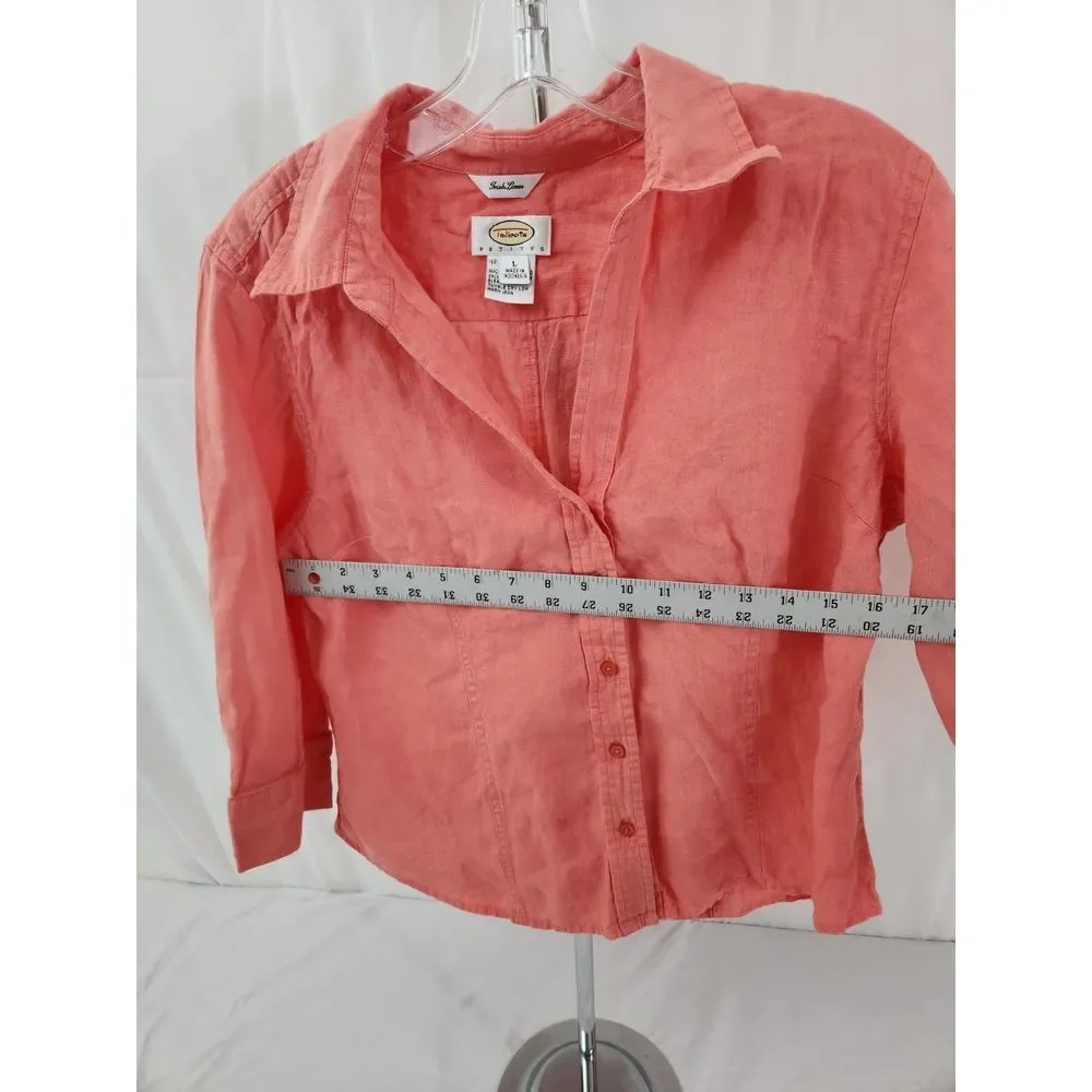 Talbots Petites Irish Linen Button Down Shirt Coral Pink 3/4‎ Sleeve Large P - Picture 3 of 5